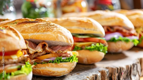 Row of fresh sandwiches on table