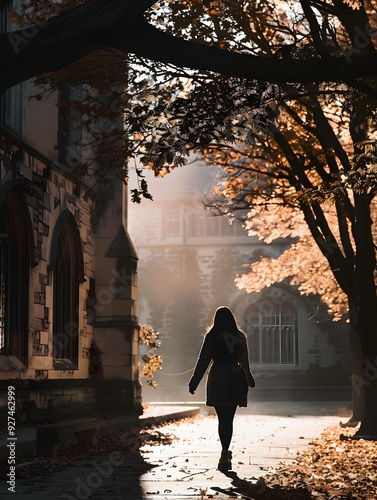 silhouette of a woman walking on old vintage campus college ivy league in autumn fall trees leaves in magazine editorial cinematic film look photo