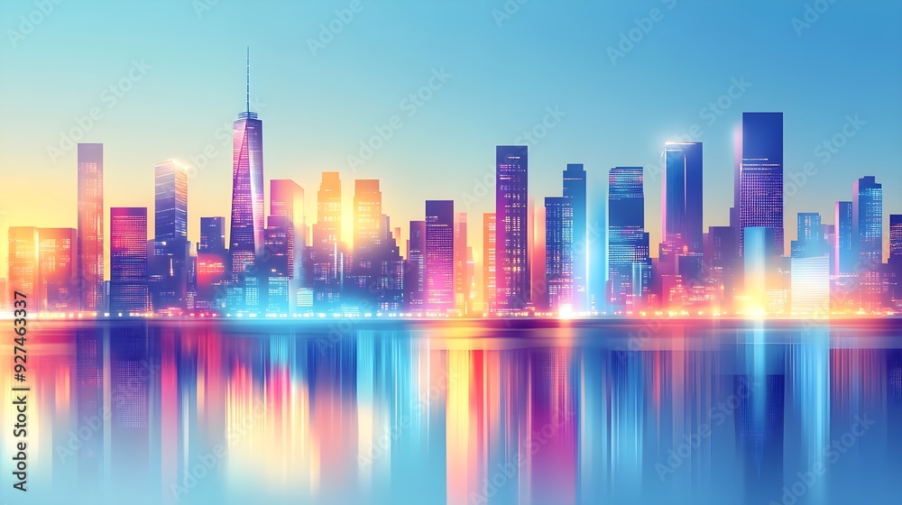 Neon City Skyline Reflection, Urban Night, Modern Architecture Neon City Skyline Reflection, Urban Night, Modern Architecture