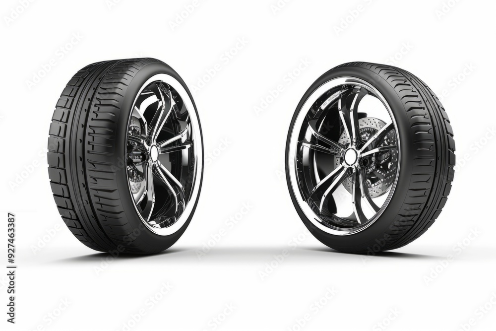 Two car wheels with reflective rims. High-quality realistic design. Perfect for automotive projects or marketing materials. Modern, stylish, and sleek appearance. Generative AI Two car wheels with reflective rims. High-quality realistic design. Perfect for automotive projects or marketing materials. Modern, stylish, and sleek appearance. Generative AI