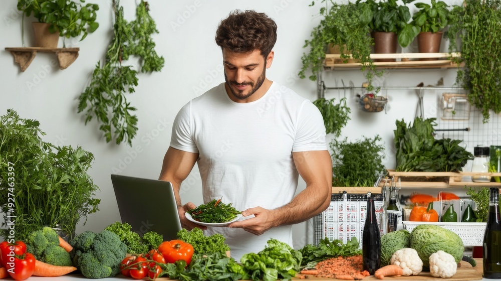 A smiling man cooking with fresh vegetables in a kitchen and a person gardening outside with flowers and fruits A smiling man cooking with fresh vegetables in a kitchen and a person gardening outside with flowers and fruits