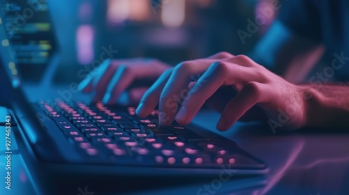 Closeup of Hands Typing on a Keyboard with Glowing Keys