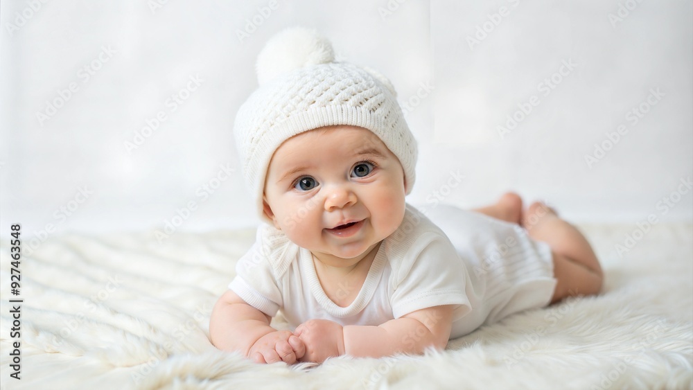Adorable baby in cozy white diaper on soft blanket.Cute baby on white background Adorable baby in cozy white diaper on soft blanket.Cute baby on white background