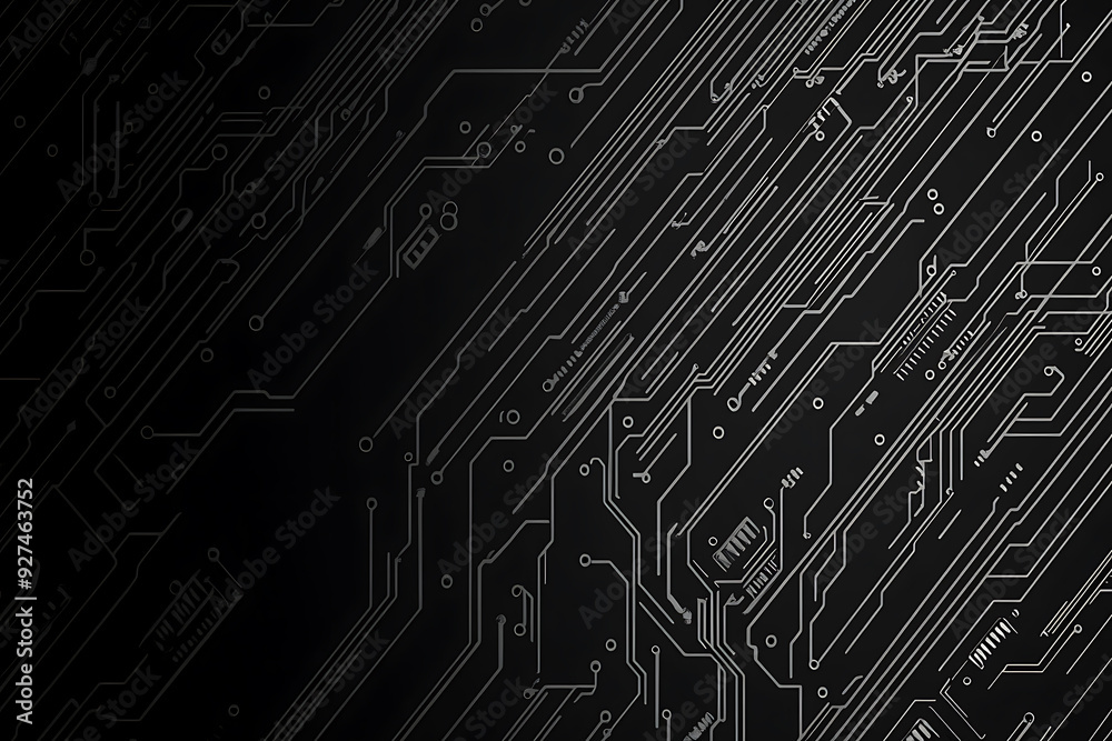 A modern abstract circuit design with silver lines and dots on a sleek dark background, ideal for technology-related templates and web design. A modern abstract circuit design with silver lines and dots on a sleek dark background, ideal for technology-related templates and web design.