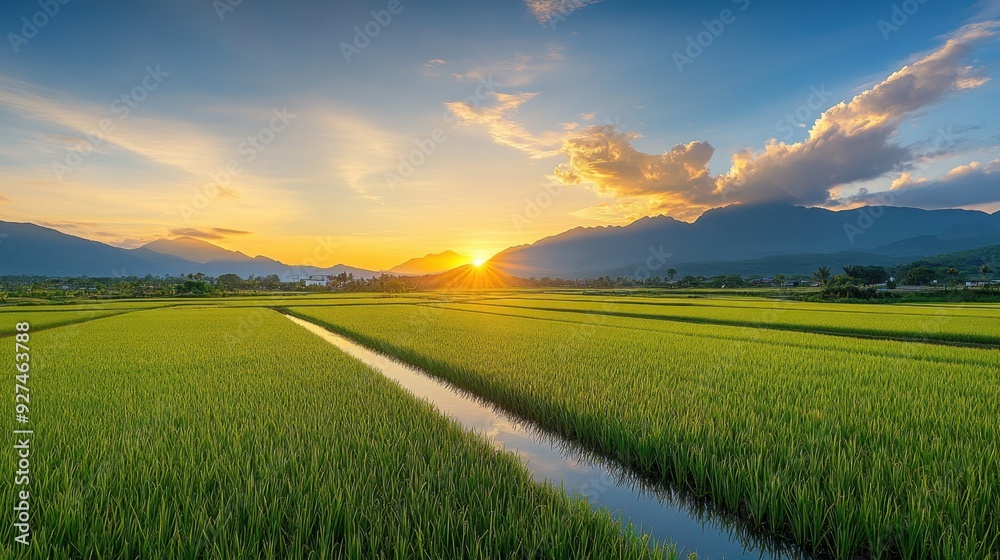 Fototapeta premium A scenic sunset over rice fields, with the golden hues reflecting off the water