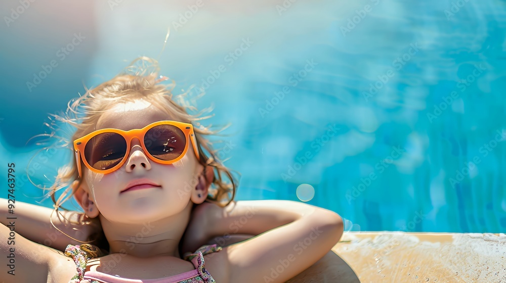 Naklejka premium Young girl in sunglasses relaxing by the pool.