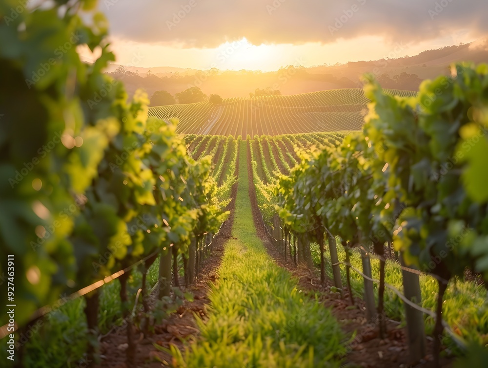 Naklejka premium Tranquil Vineyard at Dawn with Soft Illuminating Light Over Rows of Grapevines