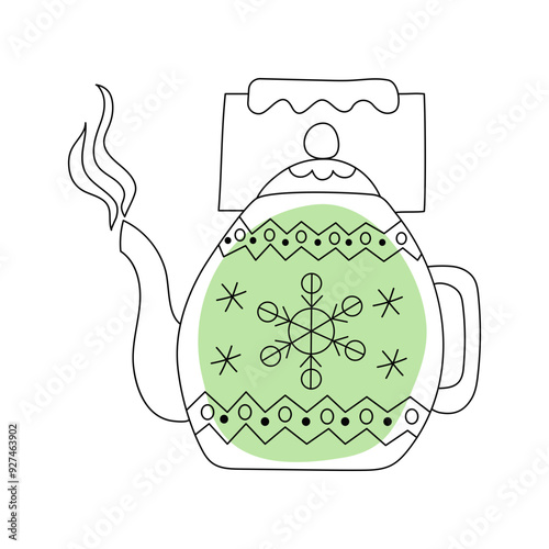 Hot drink. Green herbal tea in a teapot. Warm up. Winter season. Teaware. Christmas ornament, Snowflakes. Drawings, doodles. Tea time.
