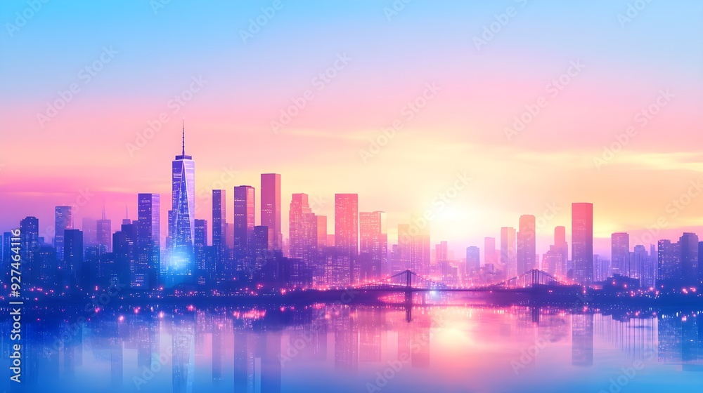 Obraz premium Pink and Blue Skyline Cityscape with Reflections
