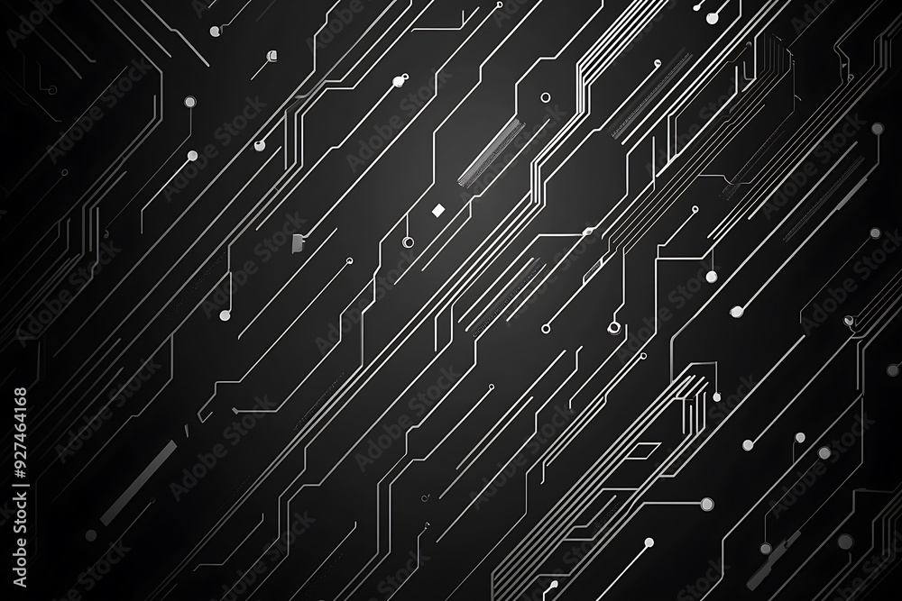 A modern abstract circuit design with silver lines and dots on a sleek dark background, ideal for technology-related templates and web design. A modern abstract circuit design with silver lines and dots on a sleek dark background, ideal for technology-related templates and web design.