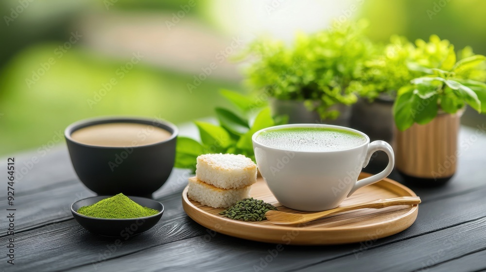 A traditional Japanese tea ceremony with a focus on rice cakes and matcha A traditional Japanese tea ceremony with a focus on rice cakes and matcha