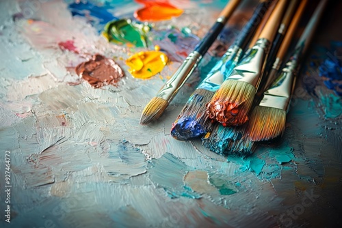 Closeup of paintbrushes on an artist's palette.