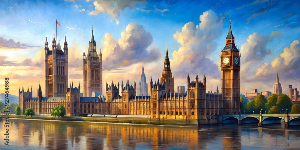 Painting of the London skyline featuring the Houses of Parliament and Big Ben, London, skyline, painting, Houses of Parliament Painting of the London skyline featuring the Houses of Parliament and Big Ben, London, skyline, painting, Houses of Parliament