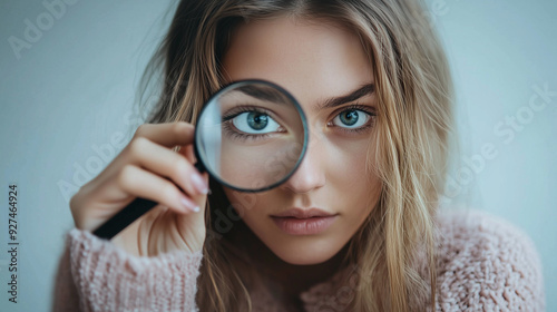 Woman looks through a magnifying glass 