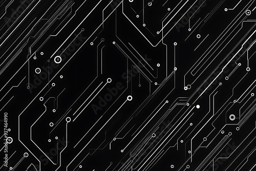 A modern abstract circuit design with silver lines and dots on a sleek dark background, ideal for technology-related templates and web design.