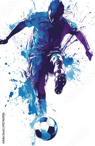 Dynamic abstract painting of a soccer player kicking a ball with splashes of blue paint