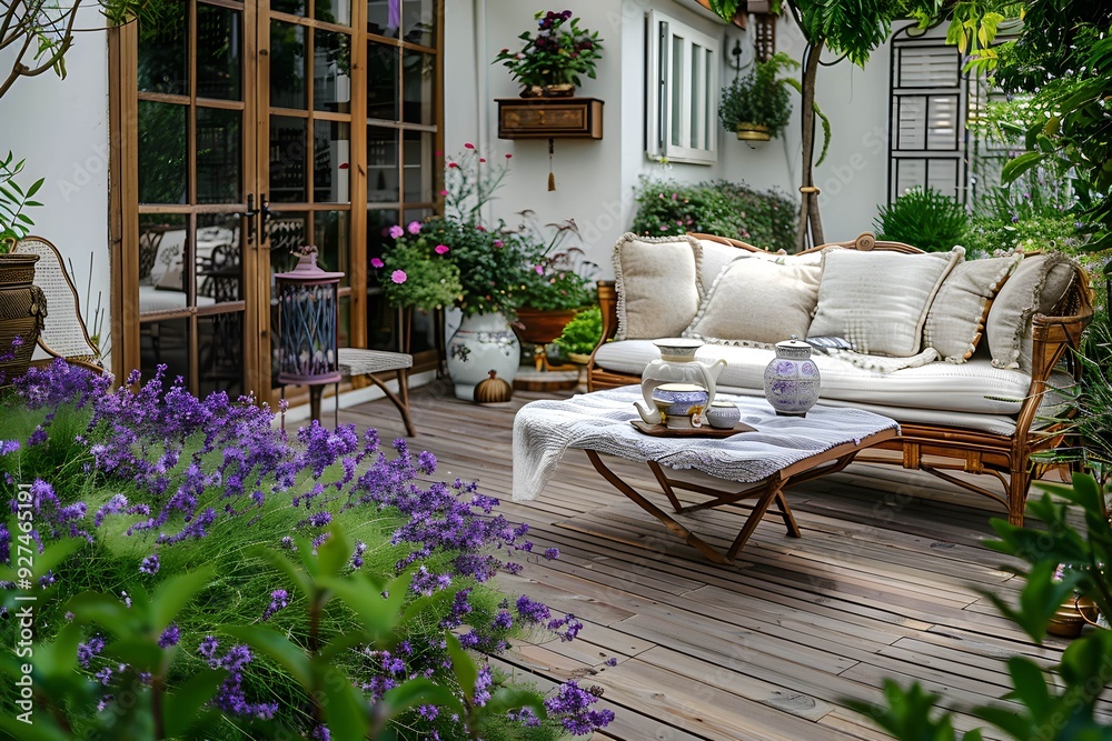 The villa garden courtyard, with wooden flooring, is covered with green plants and purple flowers on both sides. A tea table with exquisite tea utensils on it. Surrounded by a comfortable sofa The villa garden courtyard, with wooden flooring, is covered with green plants and purple flowers on both sides. A tea table with exquisite tea utensils on it. Surrounded by a comfortable sofa