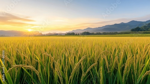 A vast golden rice field at sunrise, with dew on the stalks and a faint mist in the distance