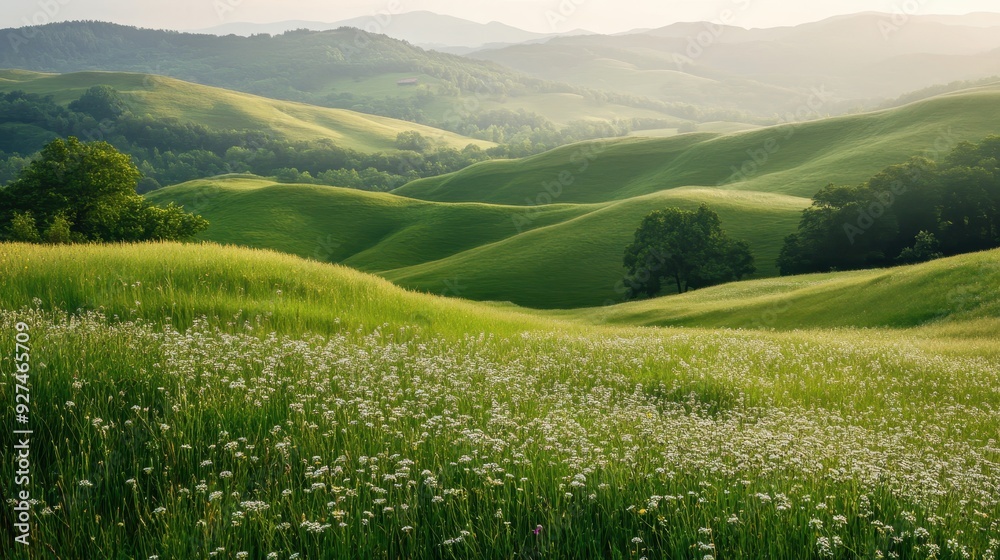 A serene landscape featuring rolling green hills and a field of white flowers. A serene landscape featuring rolling green hills and a field of white flowers.