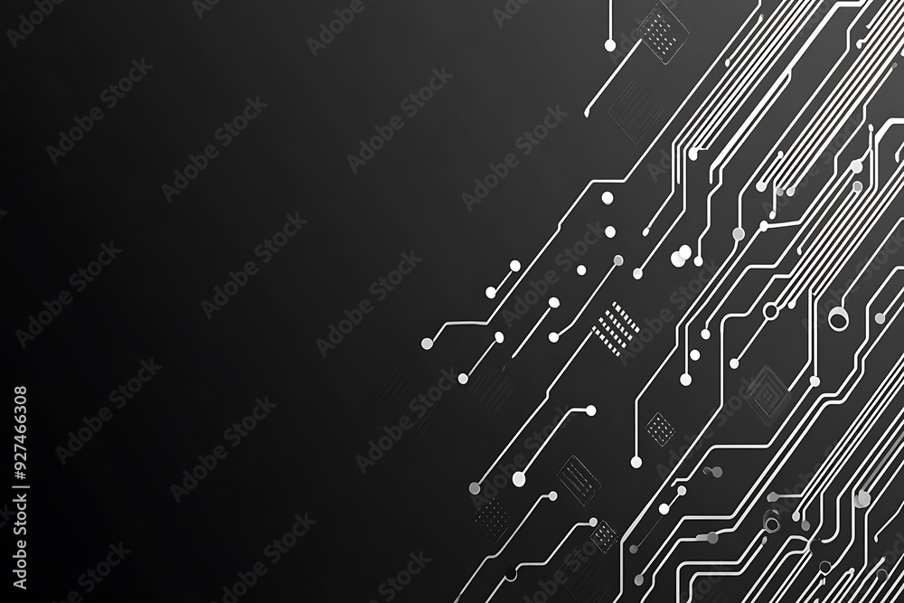 A modern abstract circuit design with silver lines and dots on a sleek dark background, ideal for technology-related templates and web design. A modern abstract circuit design with silver lines and dots on a sleek dark background, ideal for technology-related templates and web design.