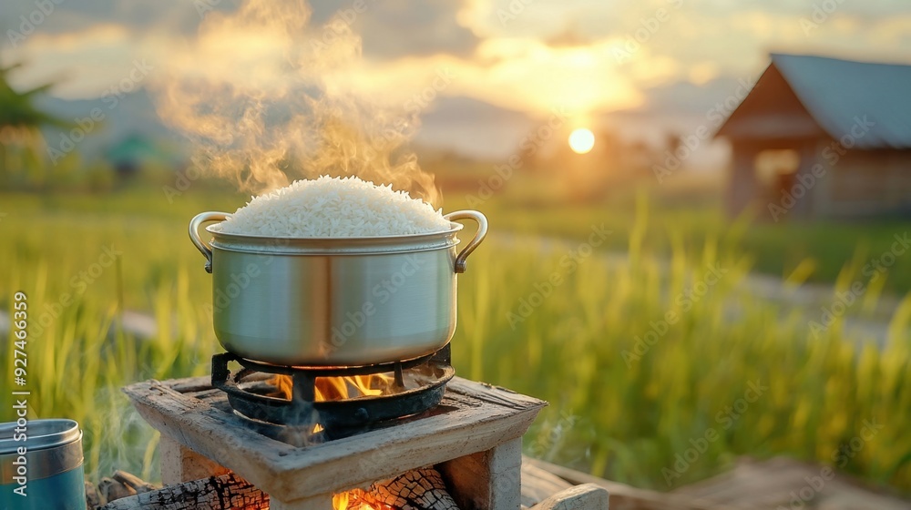 Steaming rice in a traditional pot over an open fire in a rural setting