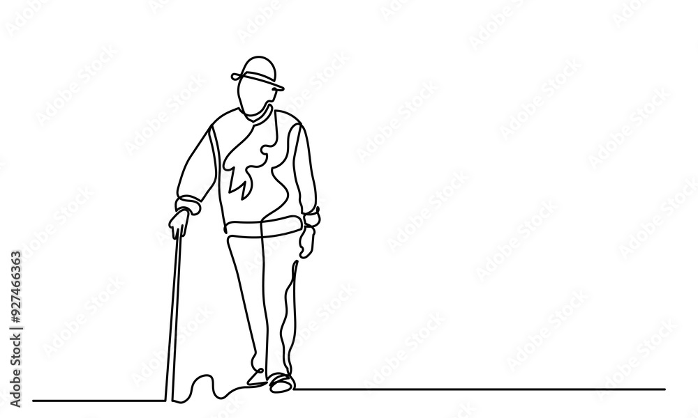 © Thuin_prodesign - Continuous line drawing of senior man walking with a cane.single-line art of an Elderly man grandfather or senior man isolated on a white background.