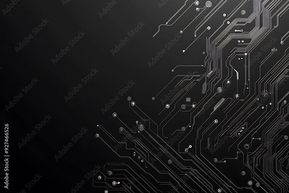 A modern abstract circuit design with silver lines and dots on a sleek dark background, ideal for technology-related templates and web design. A modern abstract circuit design with silver lines and dots on a sleek dark background, ideal for technology-related templates and web design.