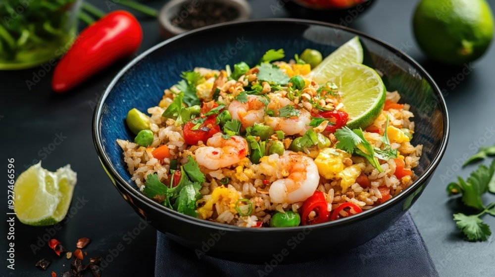 A bowl of fried rice with colorful vegetables and herbs, garnished with lime wedges A bowl of fried rice with colorful vegetables and herbs, garnished with lime wedges