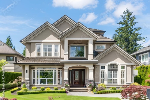 Two-story house in a light white and dark bronze style.