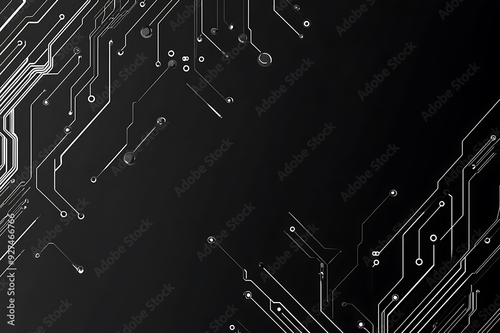 A modern abstract circuit design with silver lines and dots on a sleek dark background, ideal for technology-related templates and web design. A modern abstract circuit design with silver lines and dots on a sleek dark background, ideal for technology-related templates and web design.