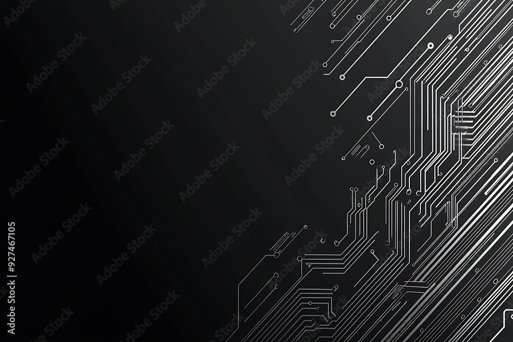 A modern abstract circuit design with silver lines and dots on a sleek dark background, ideal for technology-related templates and web design. A modern abstract circuit design with silver lines and dots on a sleek dark background, ideal for technology-related templates and web design.