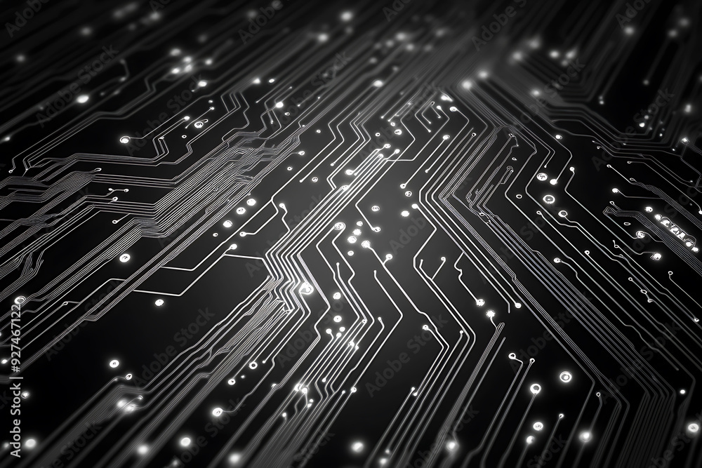 A modern abstract circuit design with silver lines and dots on a sleek dark background, ideal for technology-related templates and web design. A modern abstract circuit design with silver lines and dots on a sleek dark background, ideal for technology-related templates and web design.