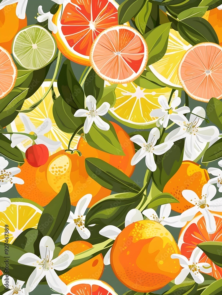 Vibrant Citrus Fruit and Blossom Pattern Vibrant Citrus Fruit and Blossom Pattern