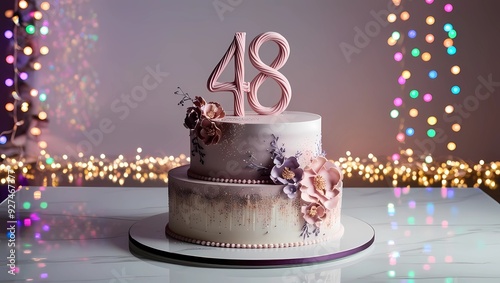 Elegant 48th Birthday Cake with Delicate Floral Accents and Pastel Numbers
 photo