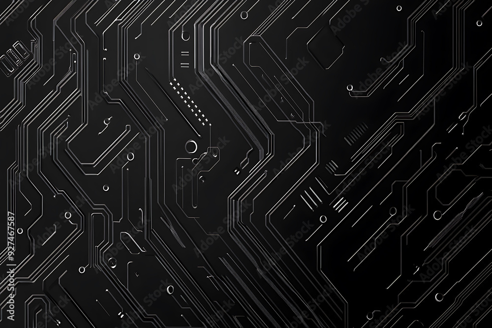 A modern abstract circuit design with silver lines and dots on a sleek dark background, ideal for technology-related templates and web design. A modern abstract circuit design with silver lines and dots on a sleek dark background, ideal for technology-related templates and web design.