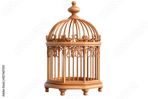 Elegant wooden birdcage featuring intricate design and classic charm, perfect for home decor or artistic photography.