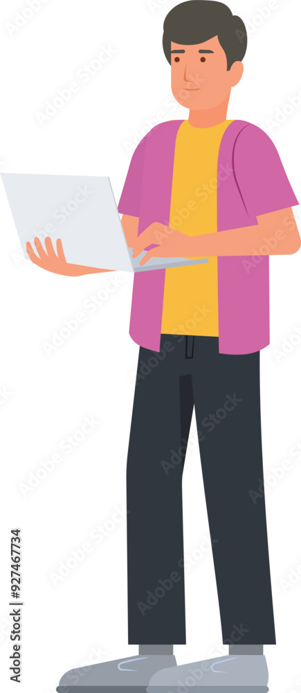Young man holding laptop computer and working while standing Young man holding laptop computer and working while standing