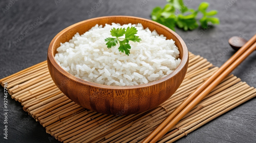 A close-up of rice grains in a wooden bowl, placed on a bamboo mat with chopsticks beside A close-up of rice grains in a wooden bowl, placed on a bamboo mat with chopsticks beside