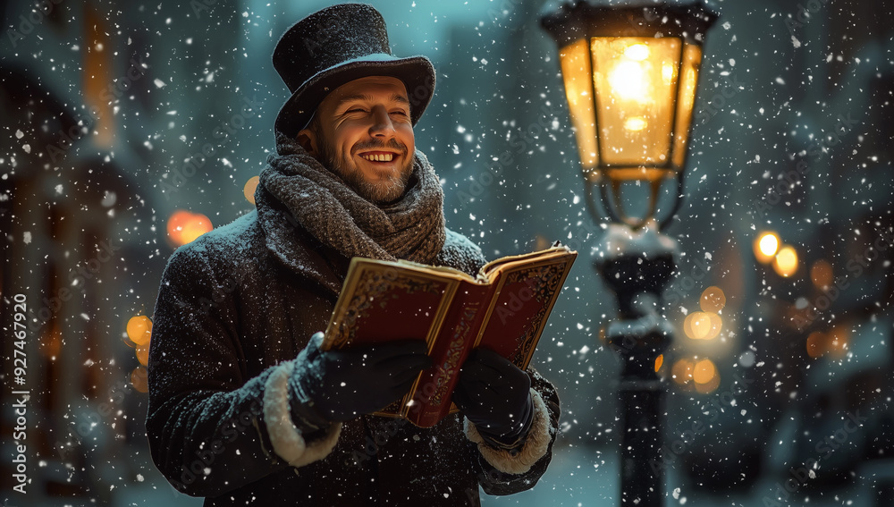Fototapeta premium Victorian Caroler on a Snowy Evening: A Nostalgic Holiday Portrait. Studio portrait capturing the joyful essence of a Victorian-era caroler, dressed in a traditional outfit complete with a top hat.