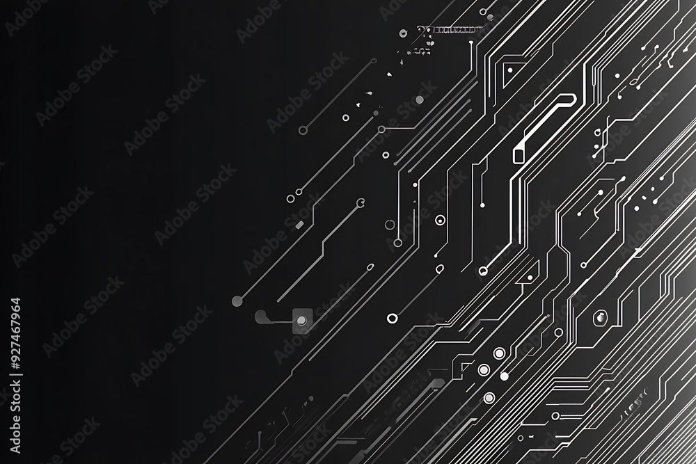 A modern abstract circuit design with silver lines and dots on a sleek dark background, ideal for technology-related templates and web design. A modern abstract circuit design with silver lines and dots on a sleek dark background, ideal for technology-related templates and web design.