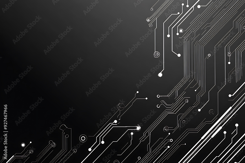 A modern abstract circuit design with silver lines and dots on a sleek dark background, ideal for technology-related templates and web design. A modern abstract circuit design with silver lines and dots on a sleek dark background, ideal for technology-related templates and web design.