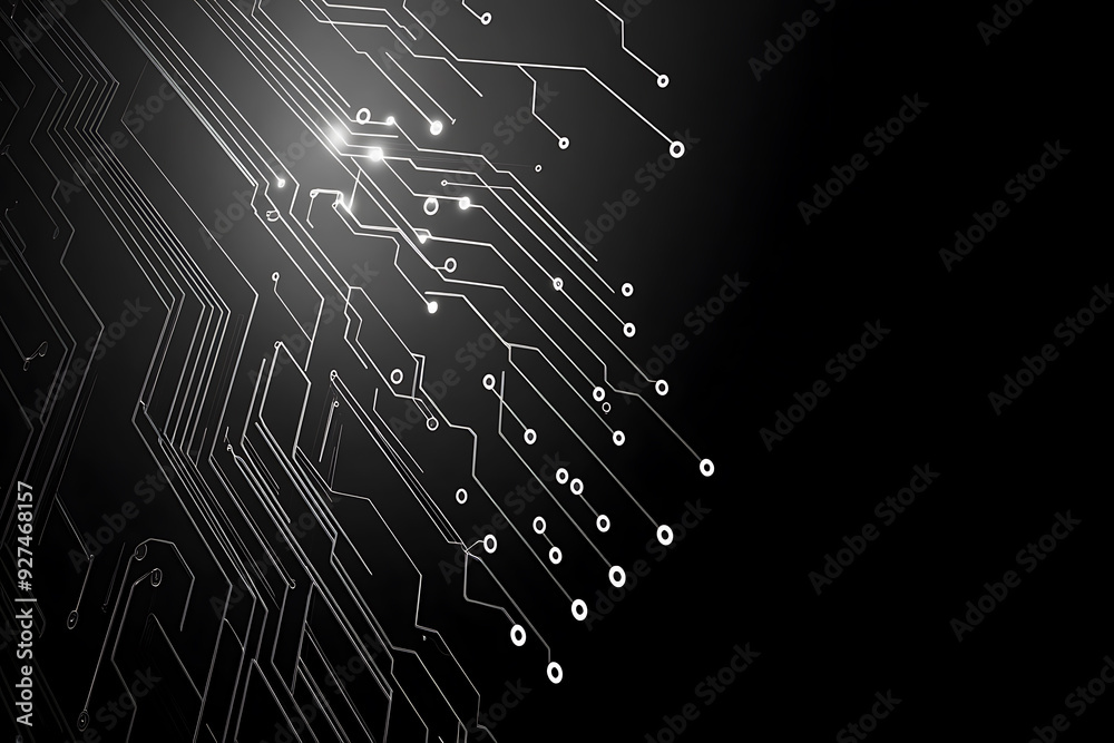 A modern abstract circuit design with silver lines and dots on a sleek dark background, ideal for technology-related templates and web design. A modern abstract circuit design with silver lines and dots on a sleek dark background, ideal for technology-related templates and web design.