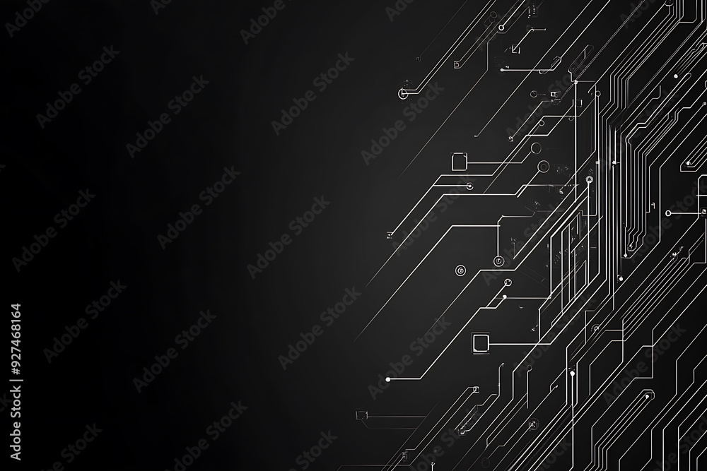 A modern abstract circuit design with silver lines and dots on a sleek dark background, ideal for technology-related templates and web design. A modern abstract circuit design with silver lines and dots on a sleek dark background, ideal for technology-related templates and web design.