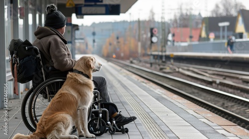 Person in a wheelchair with a service dog waiting at a railway Generative AI