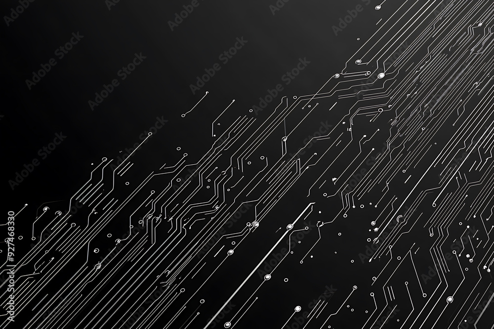 A modern abstract circuit design with silver lines and dots on a sleek dark background, ideal for technology-related templates and web design. A modern abstract circuit design with silver lines and dots on a sleek dark background, ideal for technology-related templates and web design.