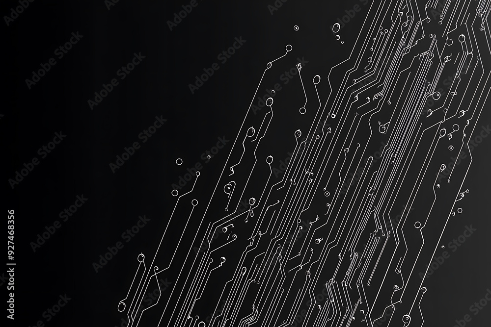 A modern abstract circuit design with silver lines and dots on a sleek dark background, ideal for technology-related templates and web design. A modern abstract circuit design with silver lines and dots on a sleek dark background, ideal for technology-related templates and web design.