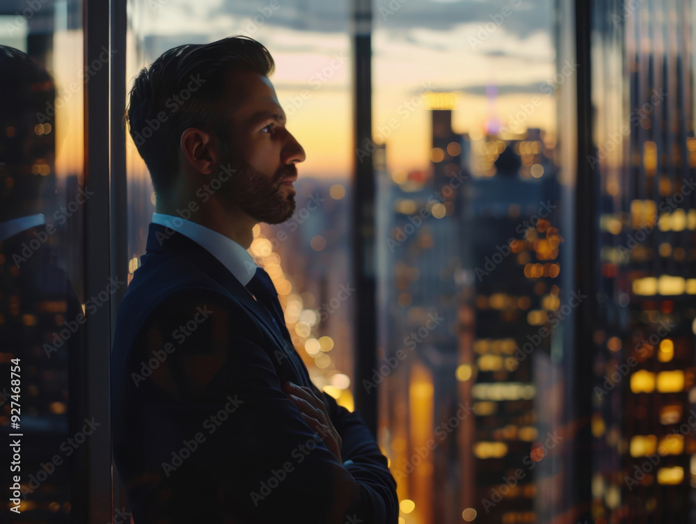 A businessman gazes out over a city skyline at sunset from a high-rise office in New York A businessman gazes out over a city skyline at sunset from a high-rise office in New York