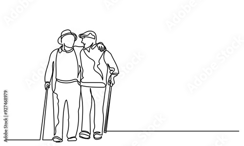 Continuous line drawing of Two senior friends walking and talking to each other with the cane.single-line art of an Elderly man grandfather or senior man isolated on a white background.
