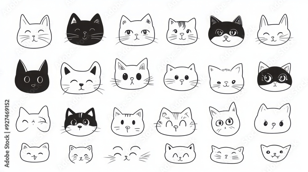 Adorable Cat Emoticons Collection: High-Definition Black and White Vector Line Drawings in Large Format Adorable Cat Emoticons Collection: High-Definition Black and White Vector Line Drawings in Large Format