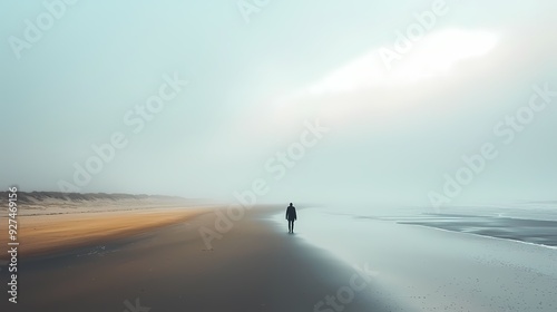 A solitary figure walks along a misty beach, capturing the serene beauty of nature and the tranquility of the ocean.